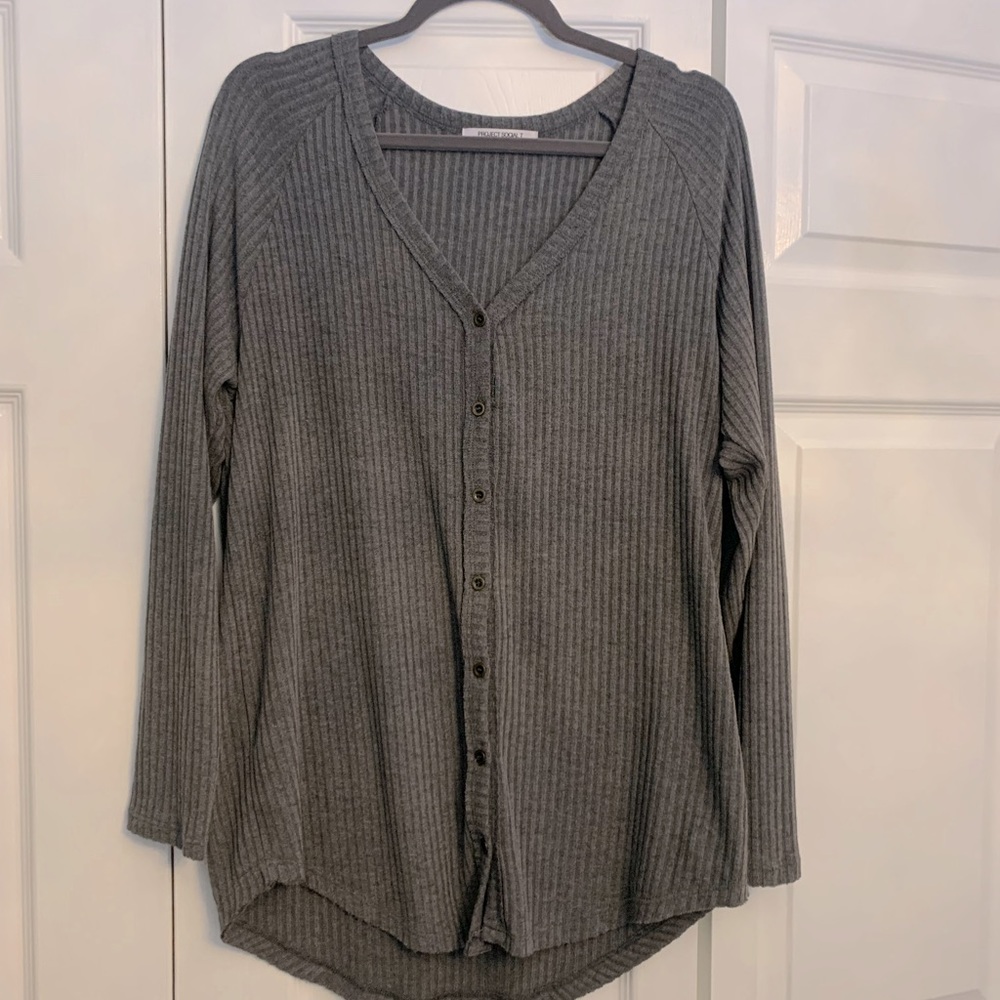 Project Social T Los Angeles Tunic Length Lightweight Grey Ribbed Cardigan M